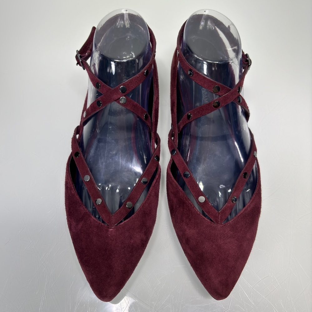 Rebecca Minkoff Faye Dark Maroon Suede Studded Straps Pointed‎ Toe Flats Size 8 - Picture 3 of 12
